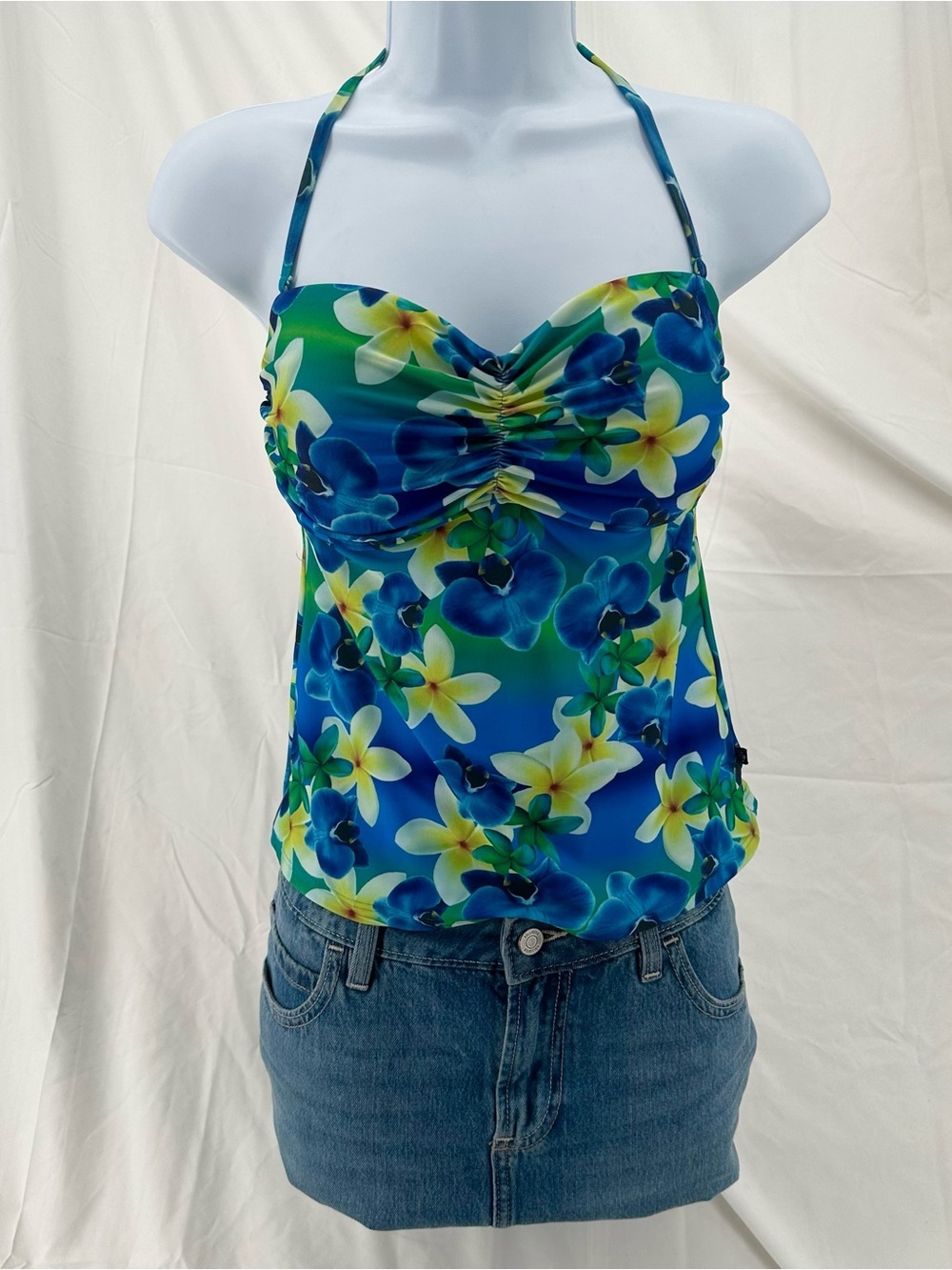 Tropical Y2K Floral Blue Hawaiian Halter Tankini